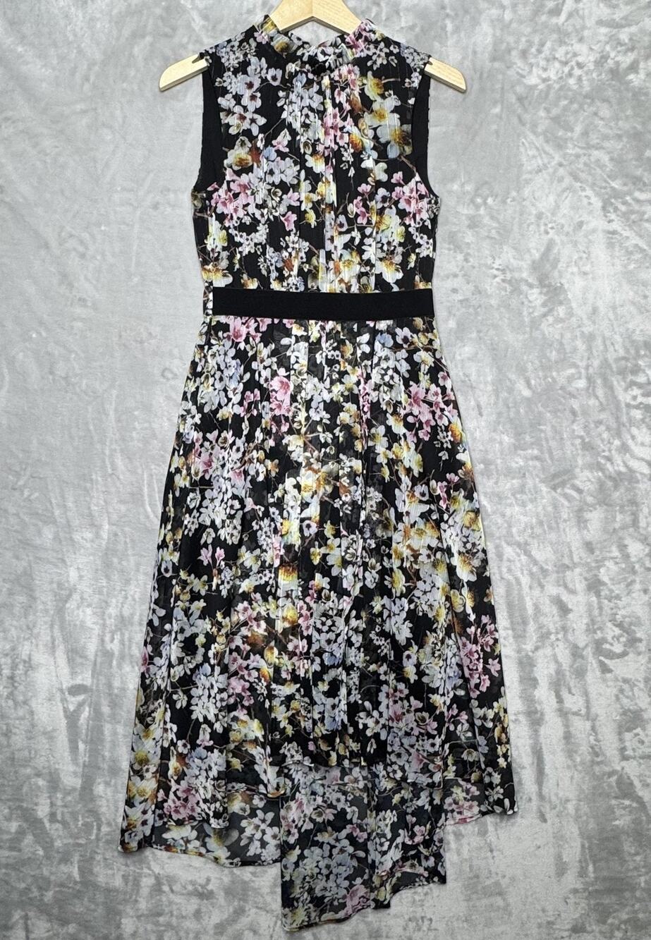 Ted Baker Dress Womens 0/2 Black Jasmine Floral Sleeveless Pleated Dip Hem NEW